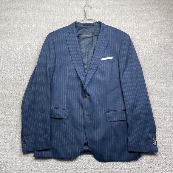 Boss Hugo Boss Jacket Mens 42 R Blue White Stripes Wool 2 Button Blazer Guabello - Picture 1 of 16